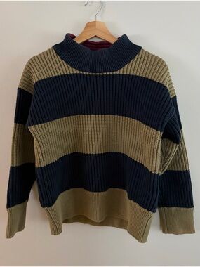 Esprit 100% Cotton Ribbed Turtleneck Sweater in Olive and Navy Stripes